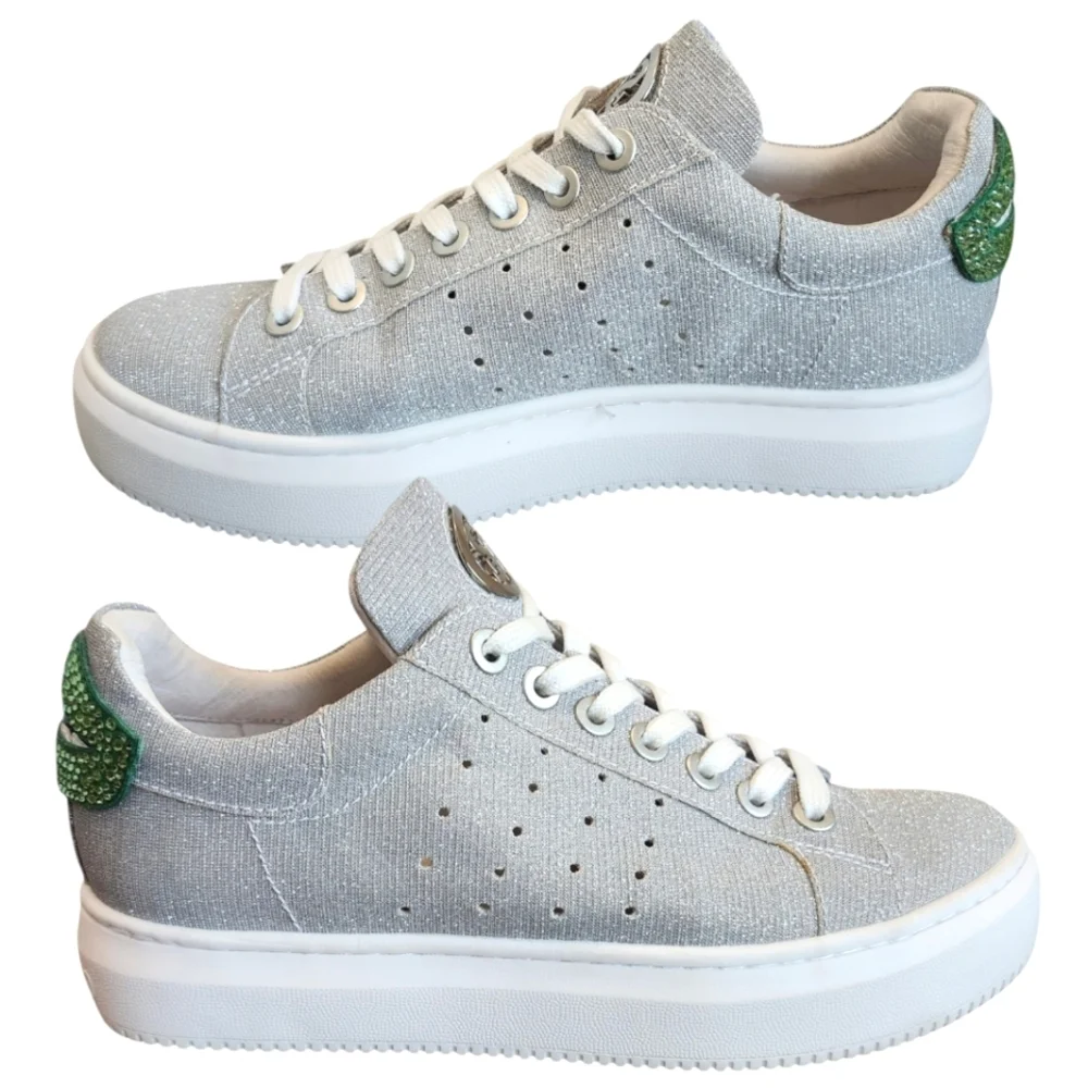 Staccato‎ Sparkly Silver Sneakers with FUNKY Green Mouth Design Women’s Sneakers